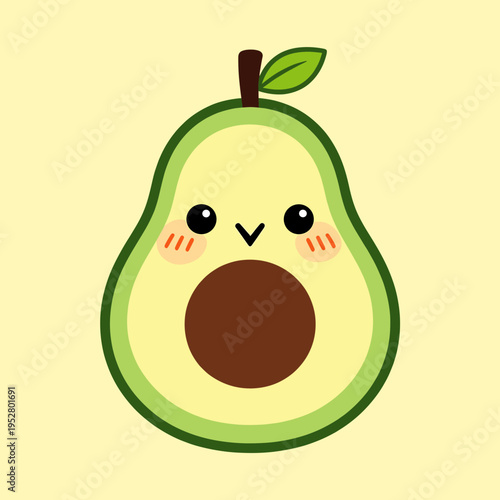 Adorable half avocado fruit character with cute face and seed in minimalist flat vector style for healthy eating and vegan food blog graphics