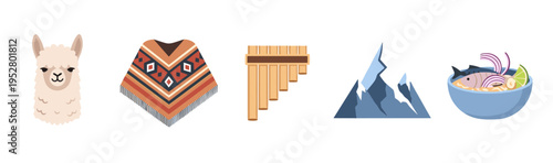 Llama, poncho, pan flute, mountains, ceviche, collection, showcases the rich and diverse cultural heritage and traditions of the Andean region.