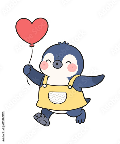 Happy baby penguin wearing yellow overalls running with a red heart shaped balloon isolated on white background cute character for valentines day design