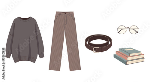 Stylish everyday clothing accessories and academic items arranged neatly to represent a modern, comfortable, and intellectual personal style.