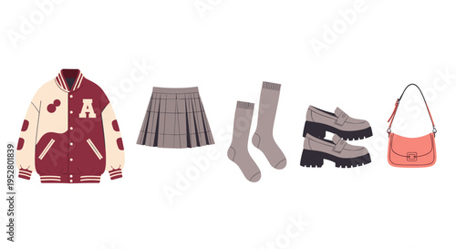Collection of trendy fashion items for a preppy style, featuring a classic varsity jacket, pleated skirt, chunky loafers, socks, and a modern shoulder bag.