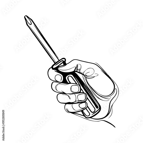 Logo men at work. Dibujo sencillo con línea continua de una mano sujetando un destornillador 