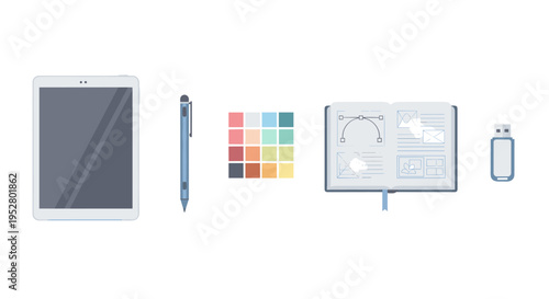 Digital design tools and creative elements displayed together, including a tablet, stylus, color palette, notebook, and USB drive, representing modern creative workflow.