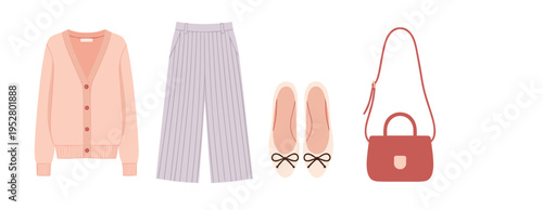 Women's fashion items displayed together, featuring a soft pink cardigan, elegant striped wide-leg pants, classic ballet flats with bows, and a stylish red shoulder bag

