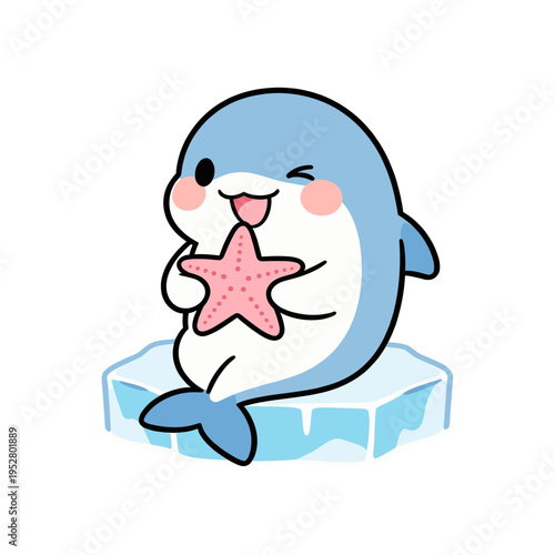 Adorable baby dolphin character sitting on ice floe holding a pink starfish, cute arctic marine animal illustration in flat vector kawaii style with blush