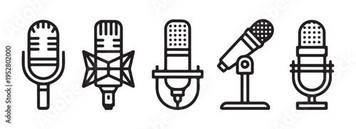 Various professional studio microphone icons in outline for audio recording and broadcasting applications