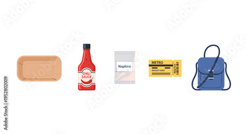 Various essential items for daily life and travel, such as a food container, chili sauce, napkins, a metro ticket, and a blue bag, are displayed as flat illustrations.