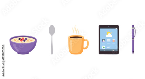 Breakfast items, digital tablet, and pen arranged horizontally representing a modern morning routine or daily essentials for work and leisure.
