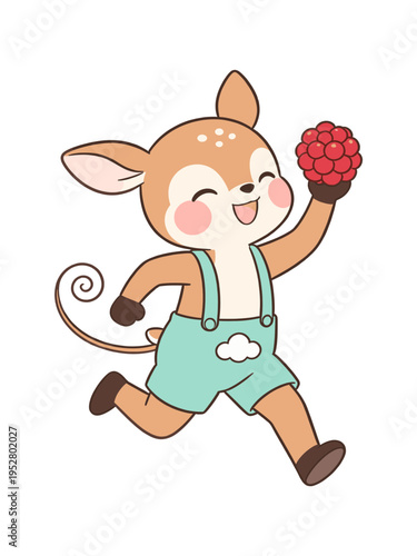 Cute baby deer character running happily and holding a large red raspberry, forest animal in turquoise overalls, kawaii flat vector illustration