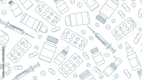 Medical seamless pattern with pharmaceutical bottles syringes pill blisters and capsules outline design on white background for healthcare healthcare concept