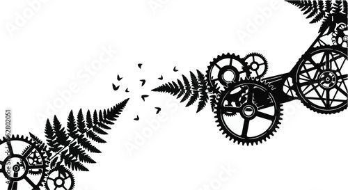 Fern leaves transition into mechanical gears and cogs to demonstrate the intersection of nature and industry.