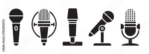 Minimalist microphone silhouette collection for professional audio broadcasting and podcasting logo design