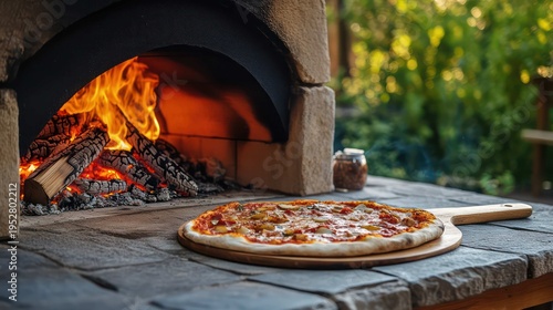 An outdoor wood-fired pizza oven with a glowing fire inside, a pizza peel with a ready-to-bake pizza resting nearby, on a stone patio, social dining and homemade gourmet, warm and delicious ambiance. 