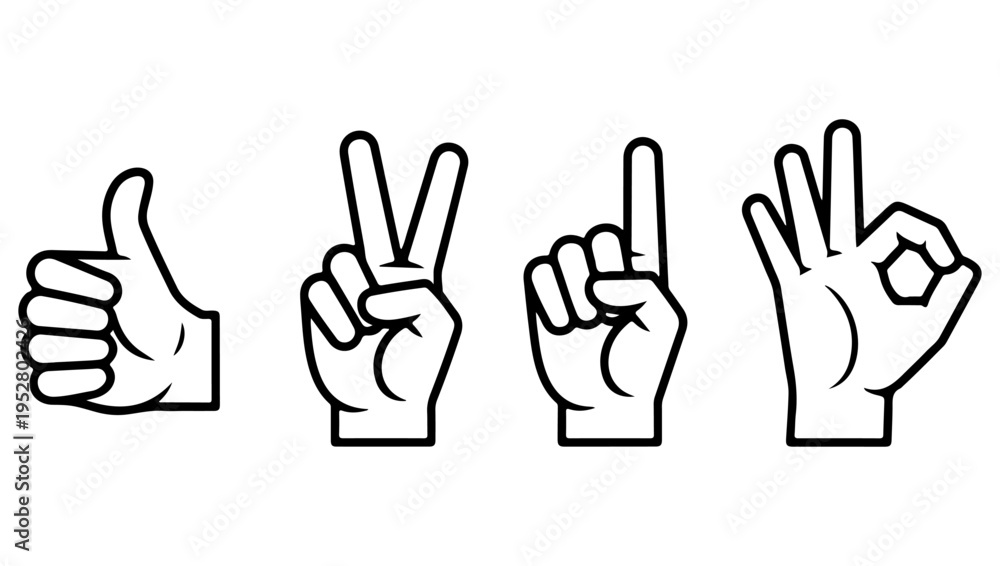 Fototapeta premium Four hand gestures thumbs up peace sign one finger and ok sign