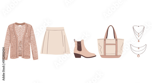 Women's fashion clothing accessories collection showcasing a stylish crocheted cardigan, a chic mini skirt, an elegant ankle boot, a practical tote bag, and delicate necklaces.