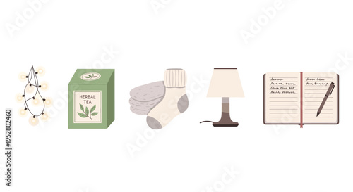 Cozy comfort items for a relaxing evening at home, featuring herbal tea, warm blankets, soft socks, string lights, a table lamp, and a journal.