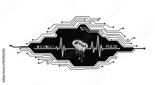 Circuit board pattern forms a heartbeat rhythm line in this digital medical technology graphic.