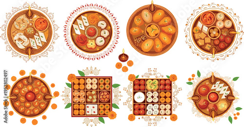 Indian Diwali sweets collection with mithai plates festive desserts decorative rangoli frames and traditional food vector illustration set