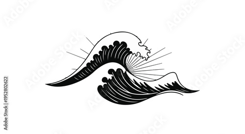 Ocean wave rises with stylized sun rays in a minimalist black and white graphic design that evokes a sense of natural movement and maritime serenity.