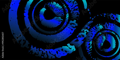 Abstract circular grunge design, concentric rings with rough brush textures, high contrast on black background