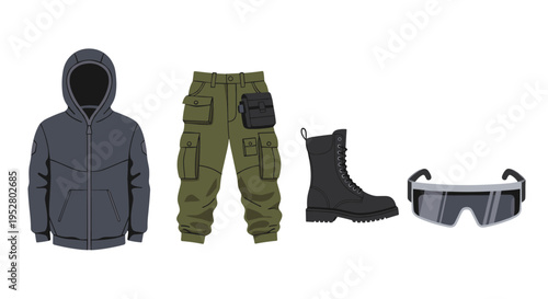 Tactical outdoor clothing and accessories including a hooded jacket, cargo pants, combat boot, and protective sunglasses for adventure.