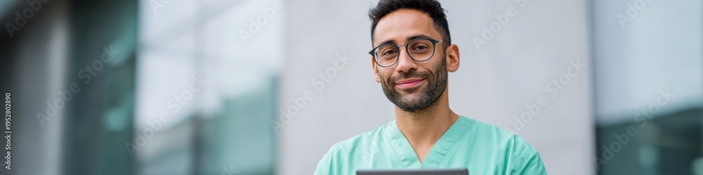 Obraz premium Male asian young adult nurse in green scrubs closeup portrait with glasses smiling outside hospital building approachable healthcare professional