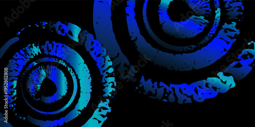 Abstract circular grunge design, concentric rings with rough brush textures, radial energy burst in the cente