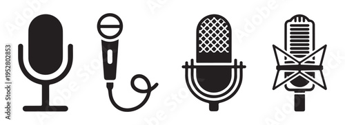 Microphone icons set. voice recording equipment. dynamic microphone, condenser mic, broadcast, flat vector