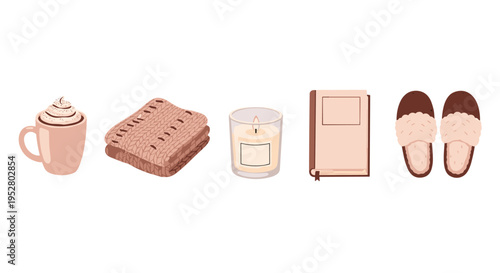 Cozy essentials collection with a warm beverage, soft knitted blanket, glowing candle, classic book, and fluffy slippers for ultimate relaxation.