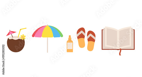 Summer vacation items including a coconut drink, colorful umbrella, sunscreen, flip-flops, and an open book for relaxing holiday activities.