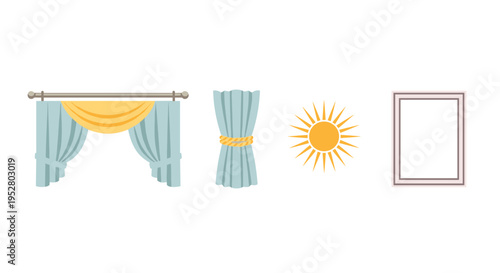 Elegant window curtains, a tied-back drape, bright sun, and a simple picture frame are presented as a collection of decorative elements.
