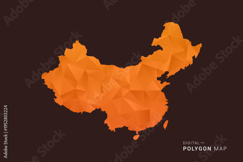China Map - low poly polygon vector, geometric triangulated silhouette in orange and dark brown tones, clean modern infographic style, isolated background.
