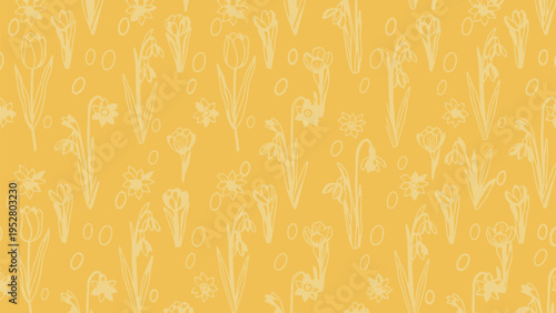 Spring flowers seamless pattern, crocus, snowdrop, tulip, narcissus and easter eggs on yellow background, spring seasonal theme