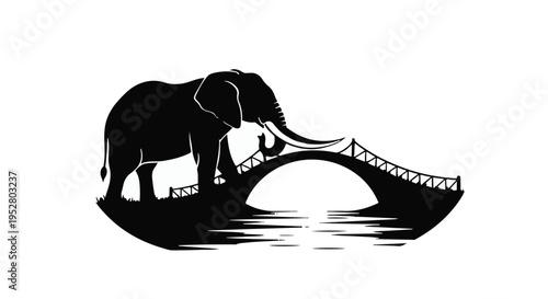 Elephant silhouette stands gracefully upon a curved stone bridge spanning a tranquil river.
