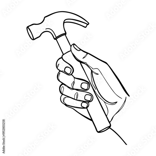 Logo men at work. Dibujo sencillo con líneas de una mano sujetando un martillo 