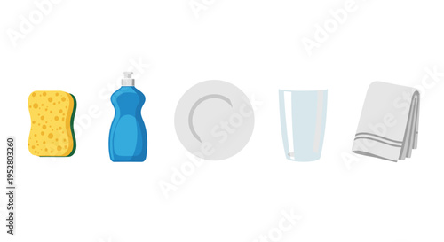 Dishwashing supplies are neatly arranged, featuring a yellow sponge, blue dish soap bottle, grey plate, clear glass, and folded towel, ready for kitchen cleaning tasks.