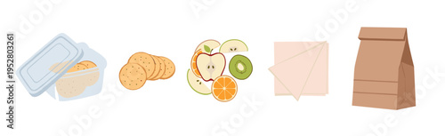 Packed lunch items including fresh fruit and crackers are ready for a healthy and convenient meal on the go, perfect for school or work.