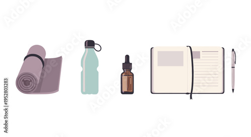 Wellness and self-care essentials flat lay illustration featuring a yoga mat, water bottle, dropper, open journal, and pen for a healthy lifestyle.