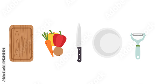 Kitchen cooking preparation tools and fresh vegetables are essential items for healthy meal preparation, cooking, and culinary activities.