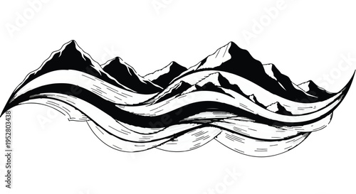 Mountains depicted as stylized black ink waves create a symbolic landscape illustration.