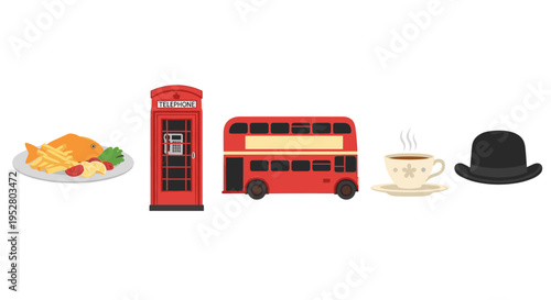 Traditional British symbols collection featuring iconic elements like a red telephone booth, double-decker bus, fish and chips, tea, and a bowler hat.