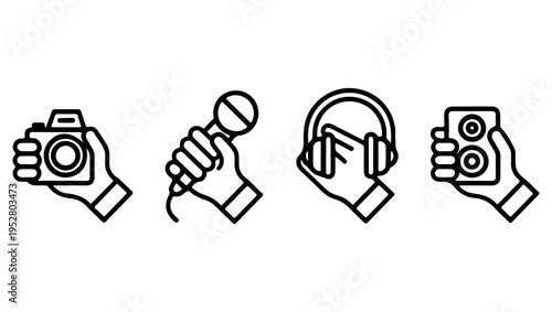 A collection of hand drawn icons representing photography music and recording equipment