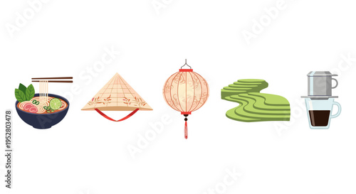 Traditional Vietnamese cultural symbols and elements are beautifully illustrated, showcasing iconic food, attire, architecture, landscape, and beverage.