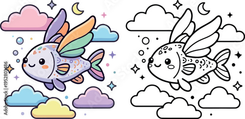 fish flying sky cloud cartoon vector illustration for kid book