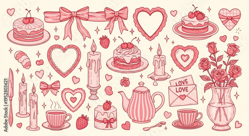 Hand drawn coquette elements for Valentines day, wedding invitation, birthday card. Cute girly bows, hearts, ribbons, cherry, cake, heart frame, strawberry. Vintage elegant vector illustration. 