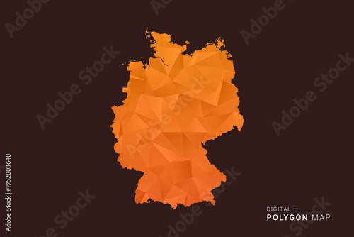 Germany Map - low poly polygon vector, geometric triangulated silhouette in orange and dark brown tones, clean modern infographic style, isolated background.