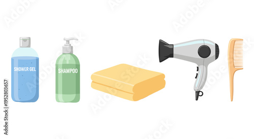 Bathroom and personal care items including shower gel, shampoo, a soft towel, a hairdryer, and a comb, representing daily hygiene and grooming essentials.