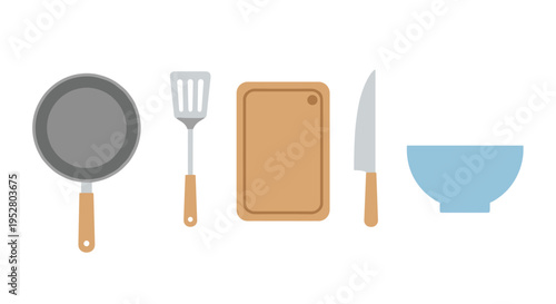 Kitchen utensils and cookware including a frying pan, spatula, cutting board, knife, and bowl are neatly arranged in a clean, modern flat design illustration.