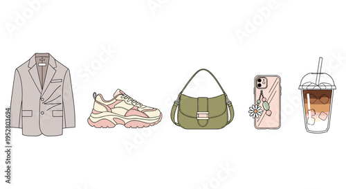 Modern fashion and lifestyle accessories collection featuring a stylish blazer, chunky sneakers, a chic handbag, a smartphone with charm, and a refreshing iced coffee.