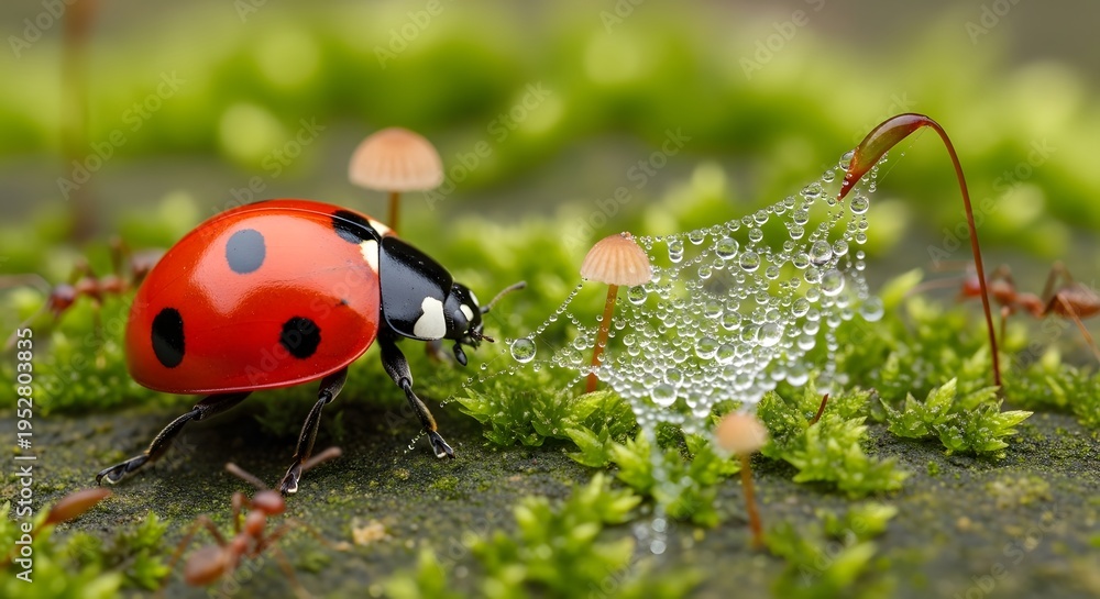 Fototapeta premium Ladybug on Moss with Mushrooms – Macro Nature Photography